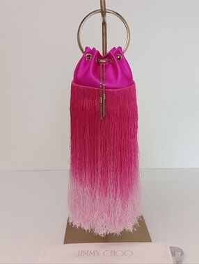 Jimmy Choo Bon Bon Small Fringed Fuchsia Satin Bucket Bag - NWOT